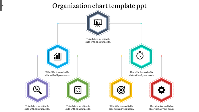 Organizational chart with colorful hexagonal shapes arranged in a flow, linked with thin lines, on a white background.
