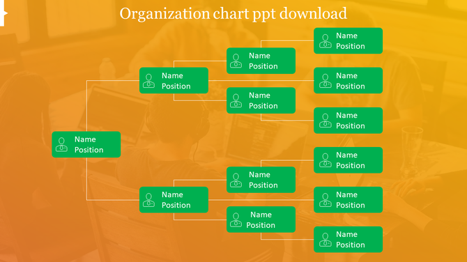 Organizational chart PowerPoint slide with green name and position labels connected by arrows on a warm toned background.