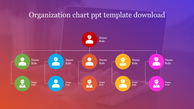 Organization chart PPT template with role and name labels connected by lines in bright colors over a purple background.