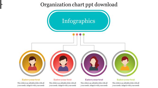 Organization chart with a central blue banner labeled infographics connecting to four circular profile icons.
