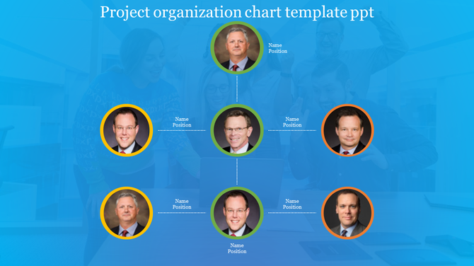 Project organization chart with six circular profile images in a hierarchical layout, linked by lines on a blue background.