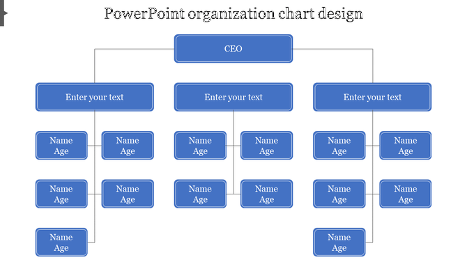 Organization chart PPT slide with blue rectangular boxes for CEO and other roles, labeled with name and age fields.