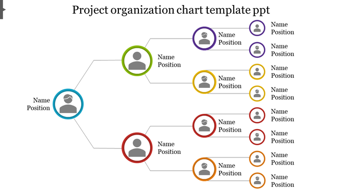 Project organization chart with circular placeholders for names and positions, connected by lines.
