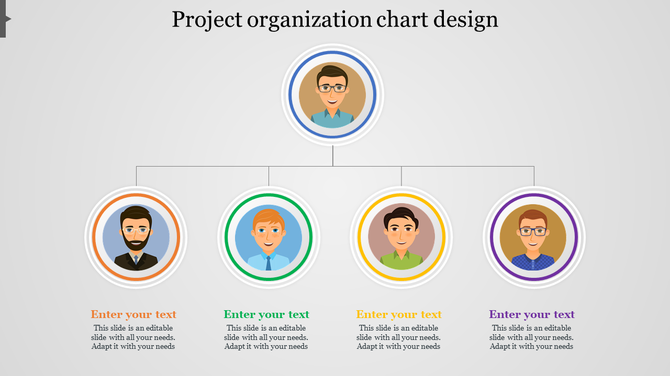 Project organization chart with a top-level manager in a blue circle branching into four team members.