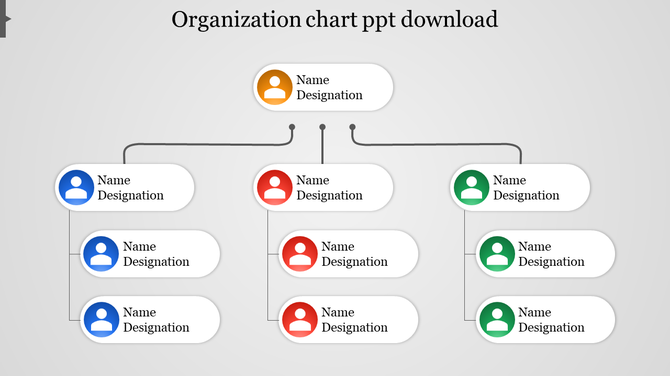 Organization chart template with rounded rectangular sections in blue, red, green, and orange, structured in a hierarchy.