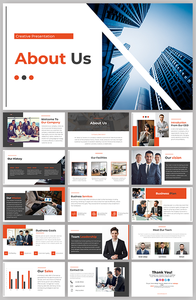 Modern about us slide deck with a white, orange, and black theme, featuring company overview, team, and services.