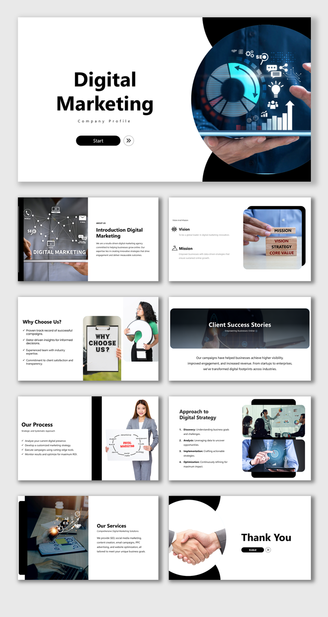 Digital marketing company profile with modern black and white layouts, infographic elements, and business images.