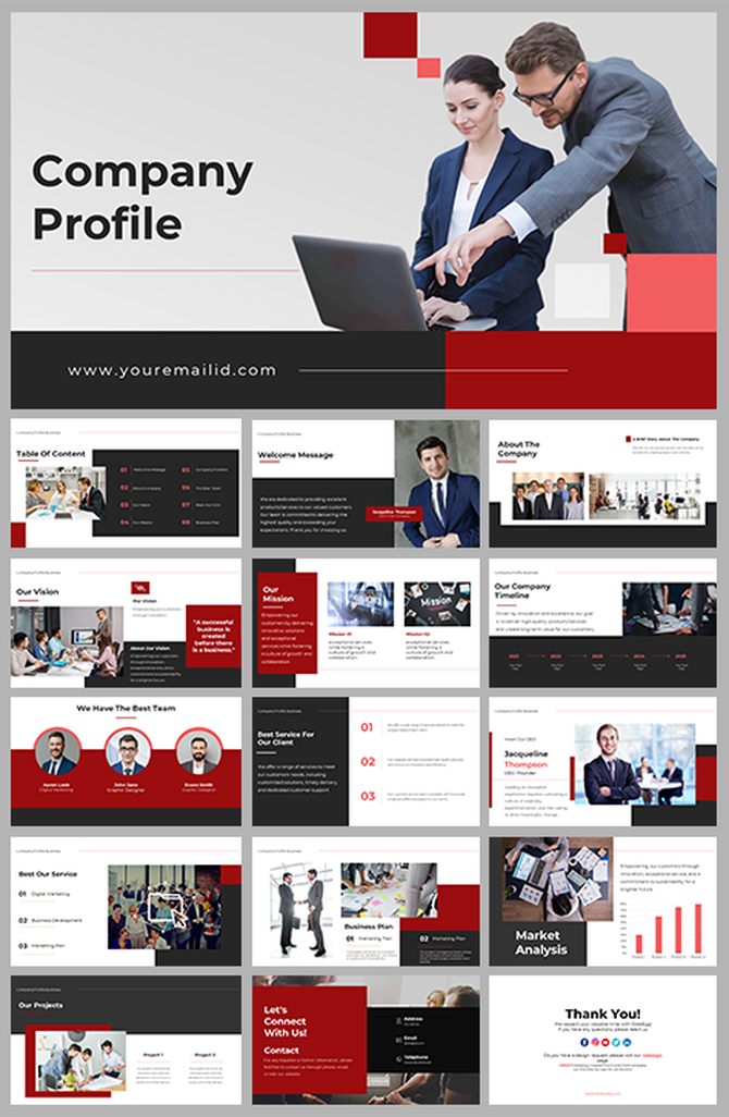 Professional company profile showcasing structured slides on vision, team, services, market analysis, and contact details.