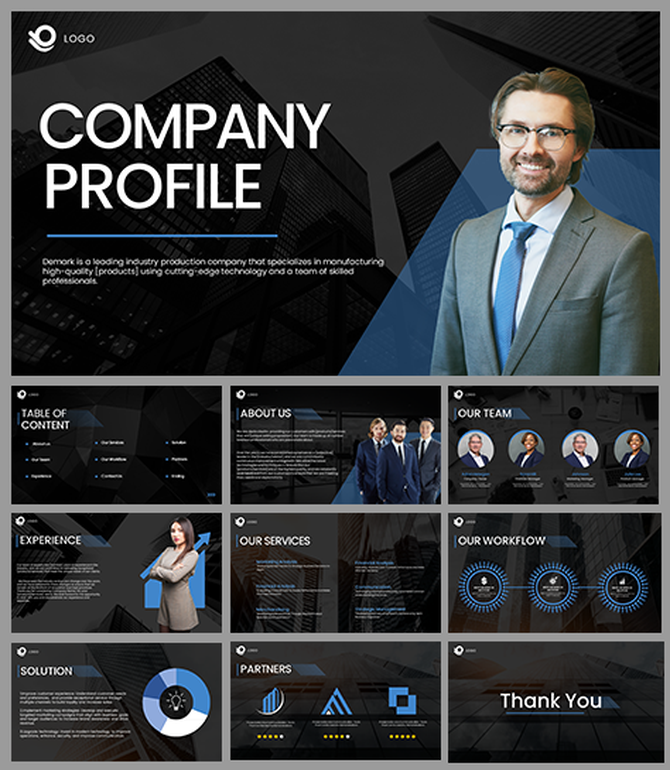 Company profile slide deck with a black theme, featuring team photos, workflow diagrams, and service details.