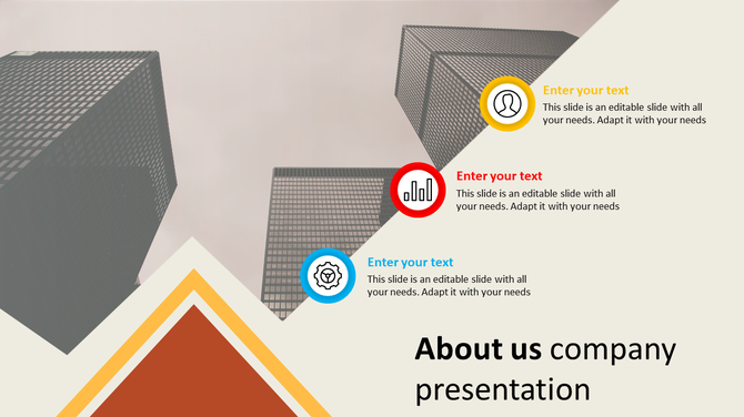 About us slide with a beige background, featuring geometric design, and three key point markers in yellow, red, and blue.