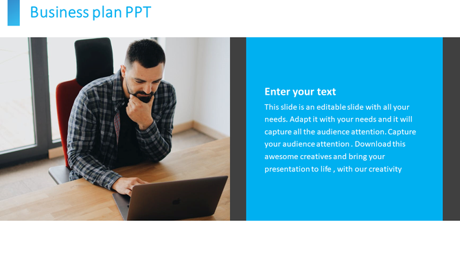 Business plan slide with a man sitting at a desk, typing on a laptop, and a blue sidebar for entering text and captions.