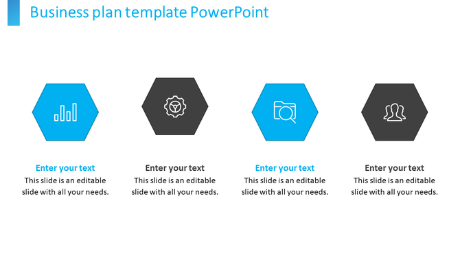Business plan slide with four icons representing data, gears, camera, and people, with text placeholders below each.
