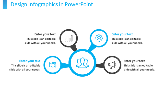 Infographic design with four icons for analytics and megaphone, connected by lines, each with a placeholder text areas.