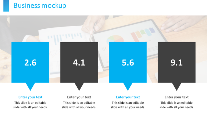 Business mockup slide with four text boxes labeled, with a background image of a person analyzing charts on a tablet.
