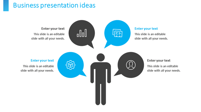 Business presentation slide with a central figure and four speech bubbles, in alternating blue and black, with icons.
