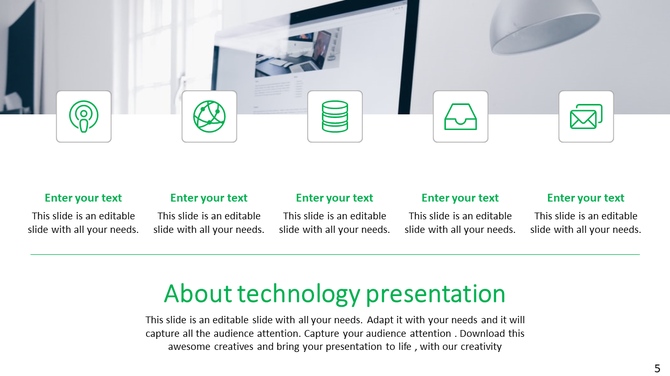 Technology PowerPoint slide with five icons and text sections with a laptop and light in a room set up background.