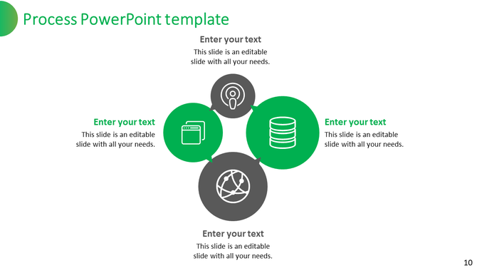 Process PowerPoint template with four circles each represented by grey and green icons with placeholder text.
