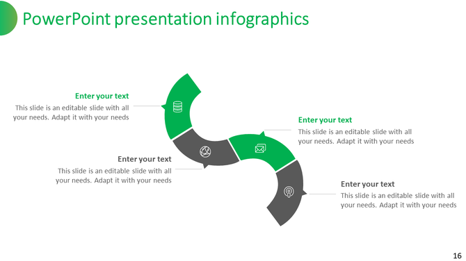 Infographic slide with a curved layout in green and gray, featuring icons and space for adding text.