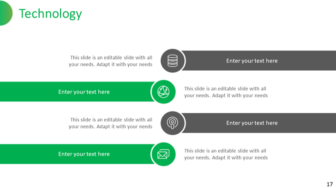 Slide layout featuring four green and gray bars, each with a circular technology related icon and text.