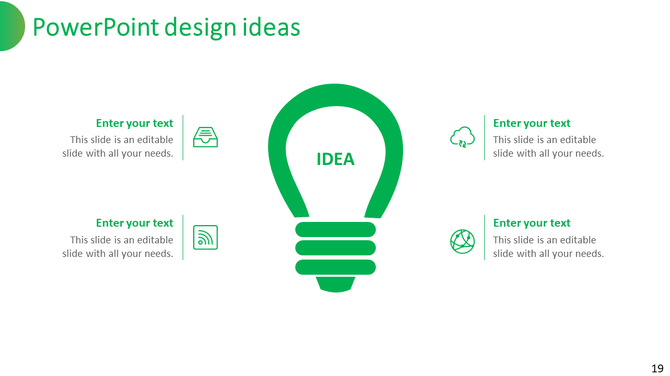 Slide with a large green lightbulb labeled four surrounding text areas with icons for documents, wifi, cloud, and network.