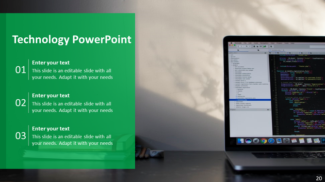 Technology themed slide with a green box featuring three numbered text entries, and a laptop displaying code.