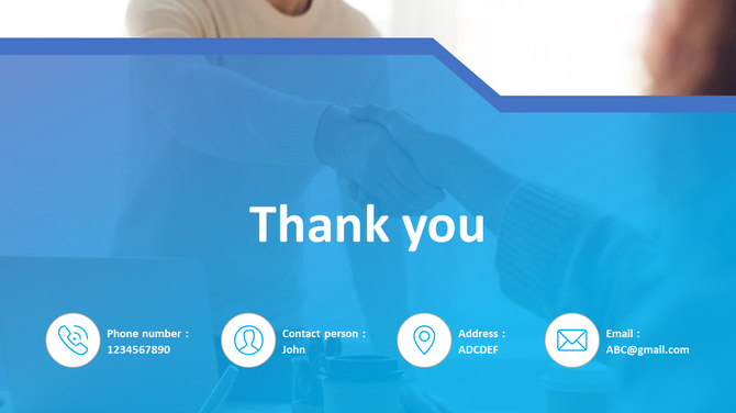 Thank you slide with a blue overlay, on a handshake background, and contact details including phone, email, and address.