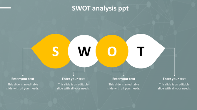 SWOT analysis PowerPoint slide featuring yellow and white circular elements with space for text.