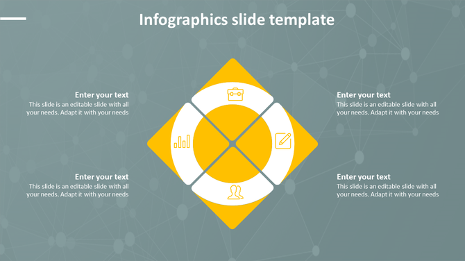 Infographic slide with a central diamond layout, featuring four sections in white and yellow, on a blue networked background.