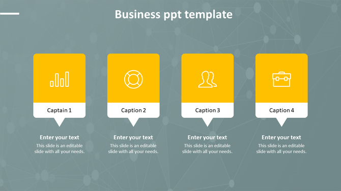 Business PowerPoint slide with four sections for content, each with distinct yellow icons.