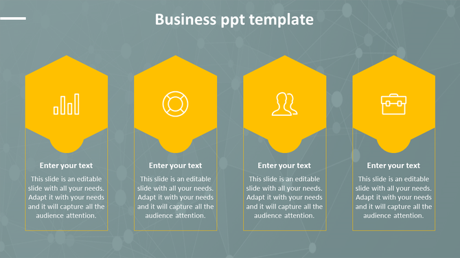 Business slide with four yellow hexagonal icons, each linked to a text box below, on a blue network themed background. 