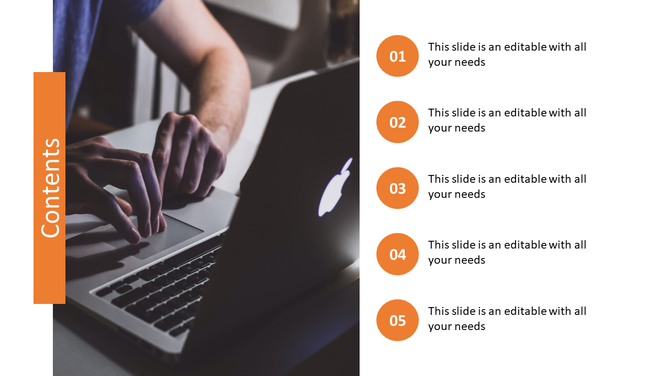 Contents slide with an orange sidebar label, a laptop image on the left, and a numbered list of five text placeholders.