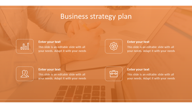 Business strategy slide with an orange overlay, four white icons, and text fields over a blurred office background.