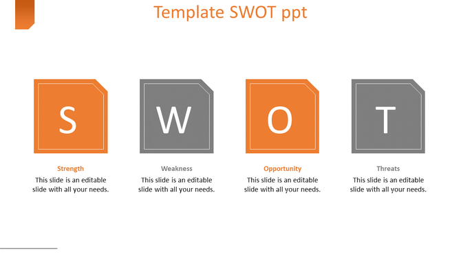 SWOT analysis slide with bold letters, in alternating orange and gray square blocks, aligned in a row.