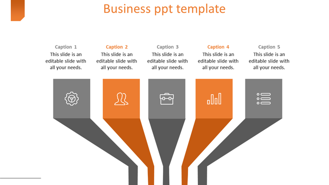 Business PowerPoint template with five colorful sections featuring icons for settings, people, tools, charts, and lists.
