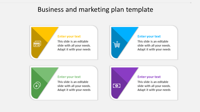 Business and marketing plan slide with four rounded rectangular sections each featuring an icon and placeholder text.
