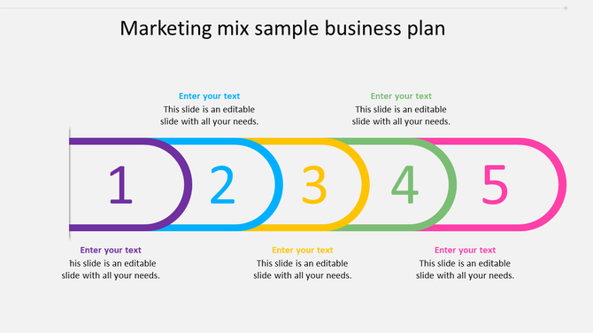 Marketing slide with five overlapping rectangles in purple, blue, yellow, green, and pink, each numbered sequentially. 