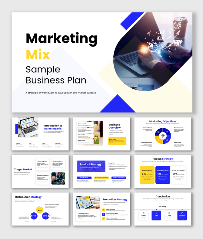 Marketing mix sample business plan slides with 4P strategy slides, charts, icons, and clean blue yellow layouts for growth.
