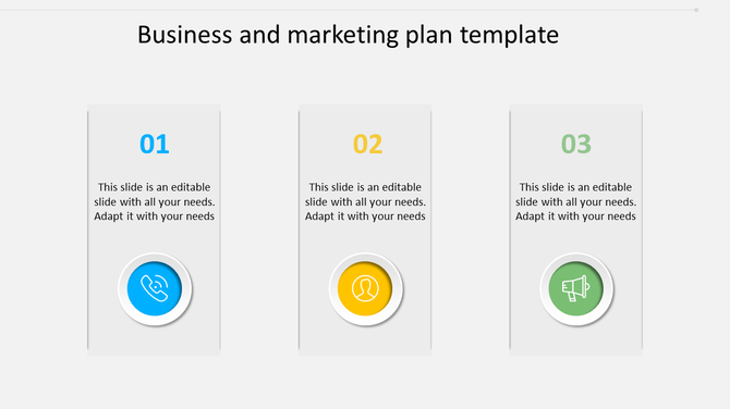 Business and marketing plan slide with sections labeled 01, 02, and 03, featuring blue, yellow, and green circular icons. 