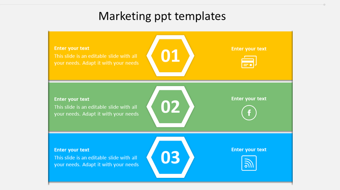Marketing slide with three horizontal sections in yellow, green, and blue, each featuring a hexagonal number label.