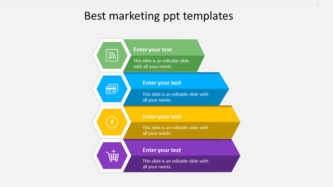 Vertical layout with four colorful hexagons, each containing an icon and space for text, in green, blue, yellow, and purple.