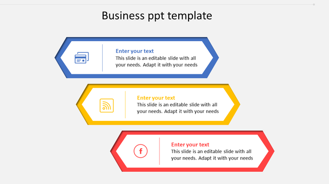 Business presentation template with arrows in blue, yellow, and red, each containing a text box and icons.