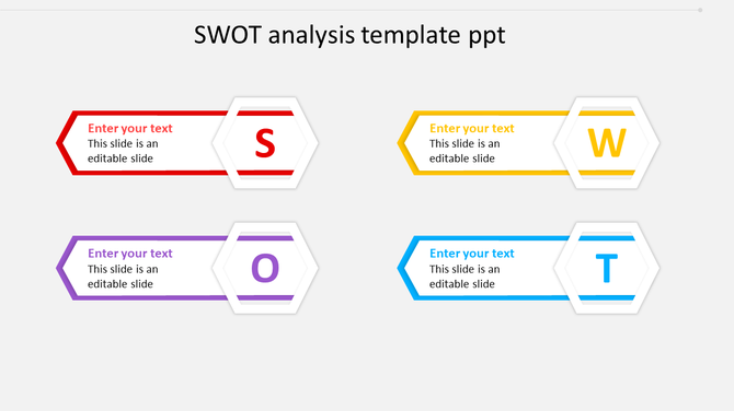SWOT analysis slide with red, yellow, purple, and blue hexagonal label for strengths, weaknesses, opportunities, and threats.