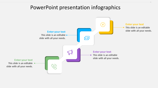Infographic PowerPoint slide with colorful boxes, each featuring social media icons and placeholder text.