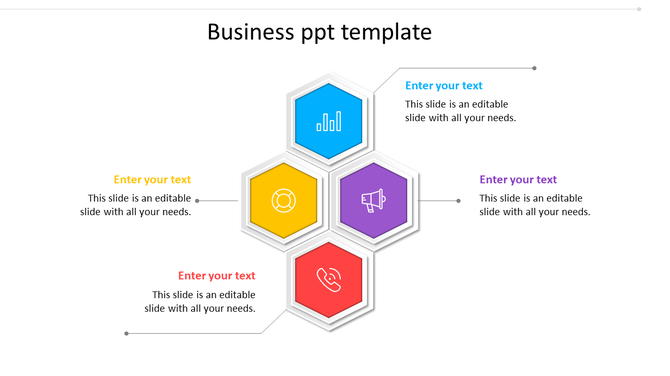 Hexagonal business infographic with blue, yellow, purple, and red sections, each featuring an icon and text placeholders.