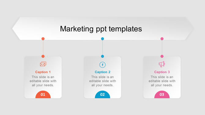 Marketing PPT slide with three numbered text boxes for email, social media, and advertisement, in orange, blue, and pink.