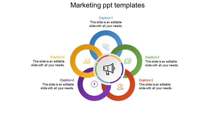 Marketing PowerPoint slide featuring color coded icons for social media, email, phone, and data analytics with captions.
