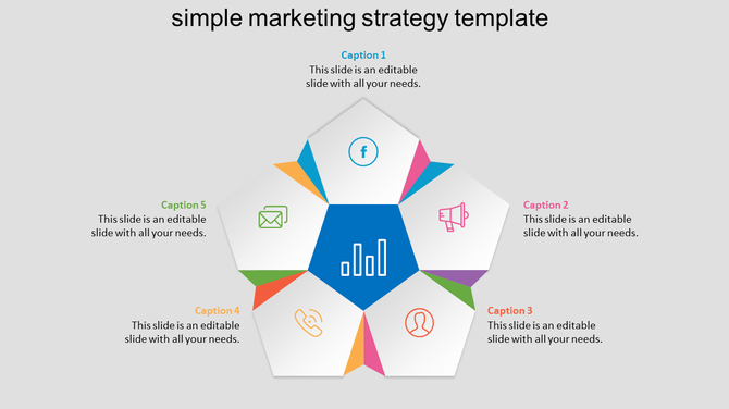 Marketing strategy template with a pentagon chart and five surrounding icons for social media, email, calls, and analytics.