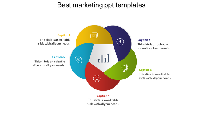 Colorful marketing slide featuring circular sections with icons for email, data, communication, and analytics with captions.