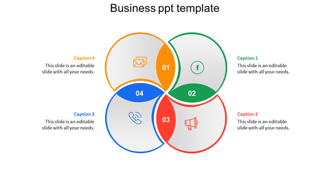 Business design template with four overlapping circles in green, orange, red, and blue, each containing a number and icon.