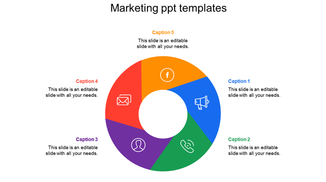 Colorful marketing PowerPoint template with five circular sections with icons and captions on a white backdrop.